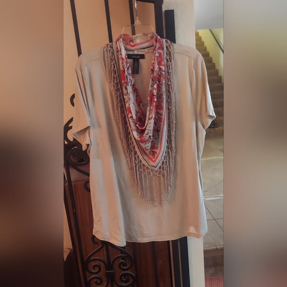 Style & Co. Beige Top with Multicolor Scarf